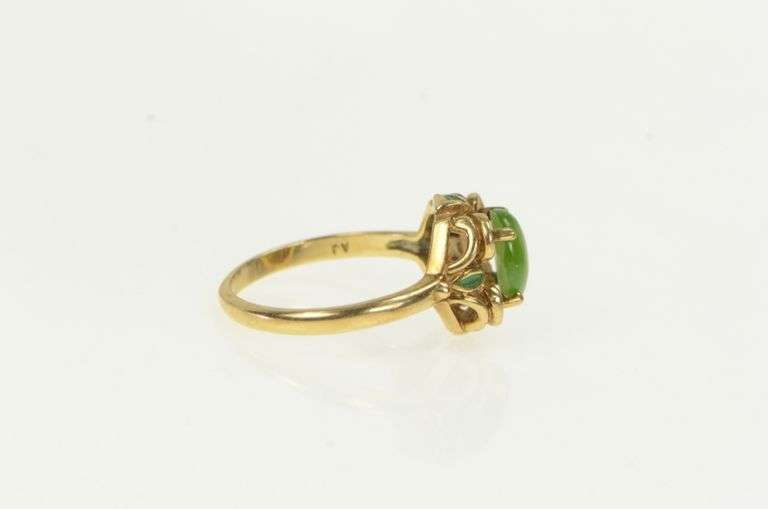 10K Yellow Gold Nephrite Green Enamel Vintage Statement Ring