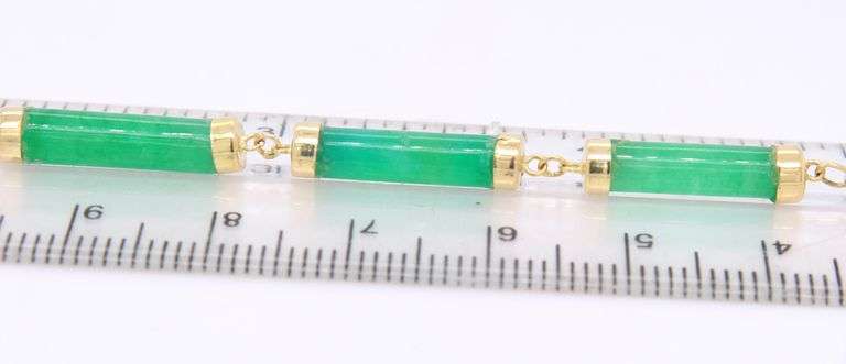 Elegant Yellow Gold Green Jade Barrel Link Bracelet