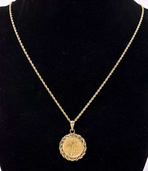 Marvelous 1/10 Oz 1987 Walking Liberty Gold Coin Pendant Necklace In 14K Yellow Gold