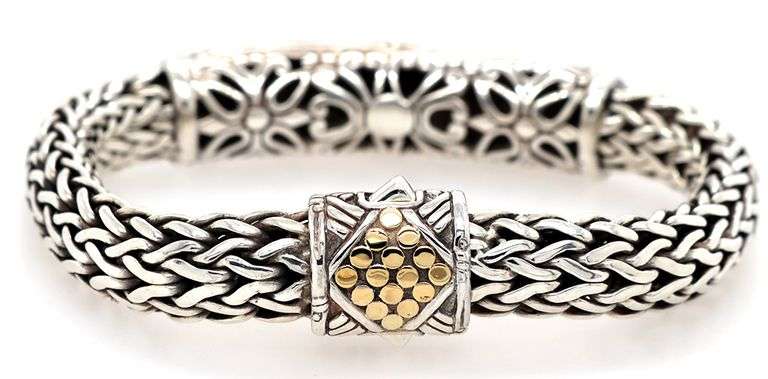 John Hardy Dot Wheat Two Tone Bangle Bracelet in 18K and Sterling