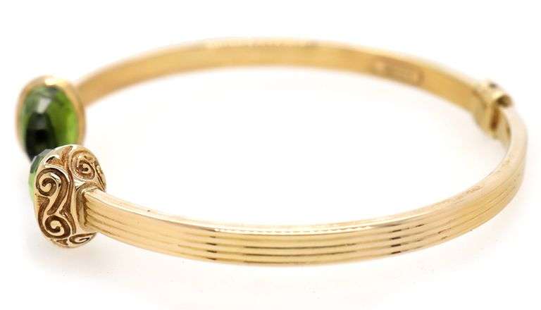 Italian Peridot End Cap Hinged Cuff Bracelet in 14K