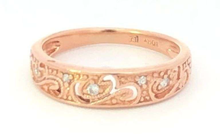 10K Rose Gold Diamond Ornate Scroll Design Wedding Band Ring