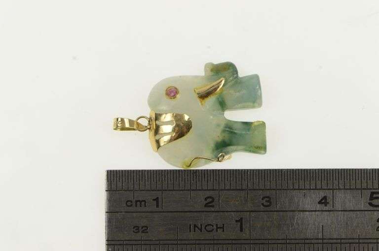 14K Yellow Gold Ornate Jade Carved Chinese Elephant Pendant