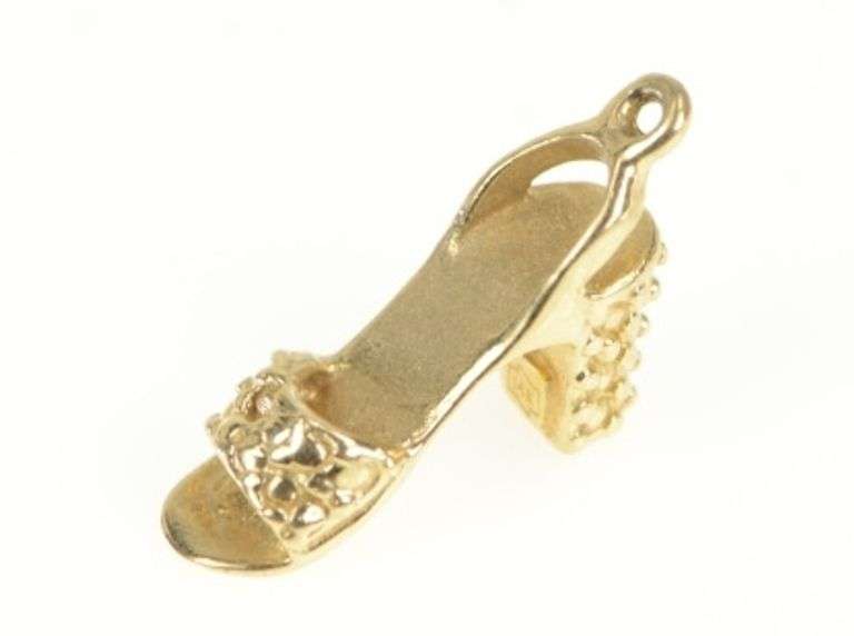 14K Yellow Gold 3D Ornate Shoe High Heel Sandal Vintage Charm/Pendant