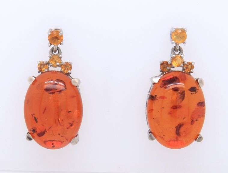 925 Sterling Silver Signed Amber Dangle Earrings