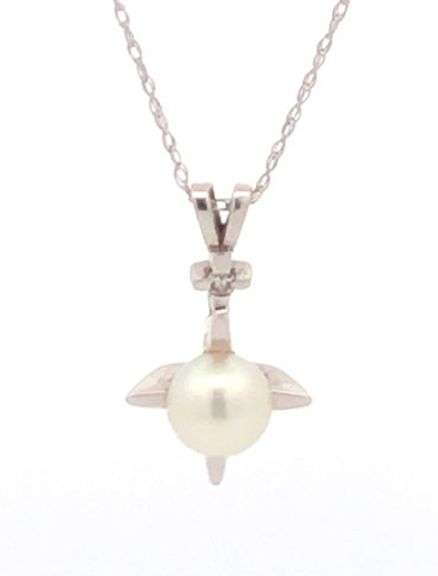 14K White Gold 1950's Pearl Diamond Accent Vintage Pendant