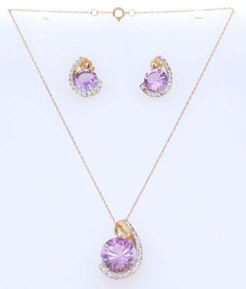 Set of Yellow Gold Amethyst and Diamond Pendant on Chain with Matching Earrings