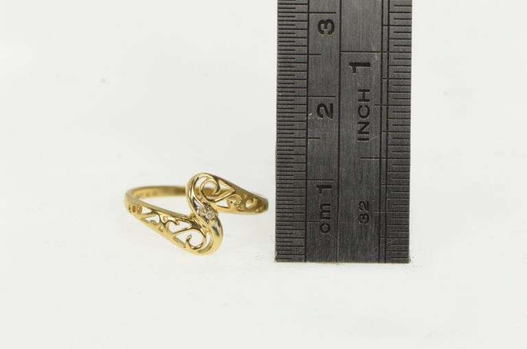 10K Yellow Gold Diamond Ornate Filigree Vintage Bypass Ring