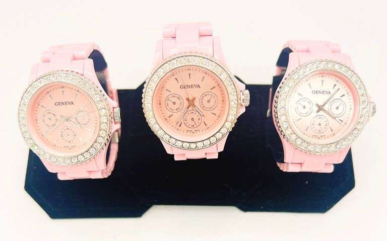 GROUP LOT OF 3x FANCY PINK GENEVA & GEMSTONE WATCHES- BRAND NEW!  40MM CASE. WATERPROOF