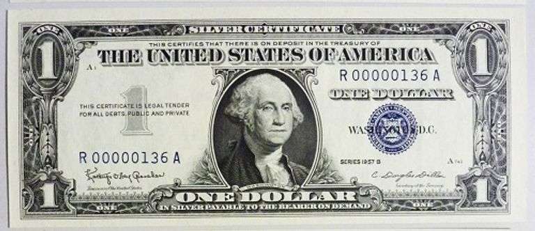 Superb Crisp 1957B $1 Silver Certificate Scarce Three Digit Serial Number 00000136!