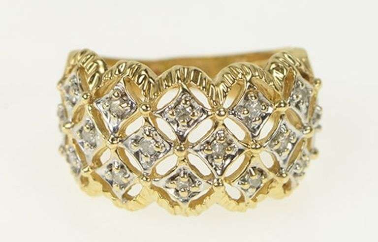 10K Yellow Gold Domed Lattice Vintage Statement Band Ring