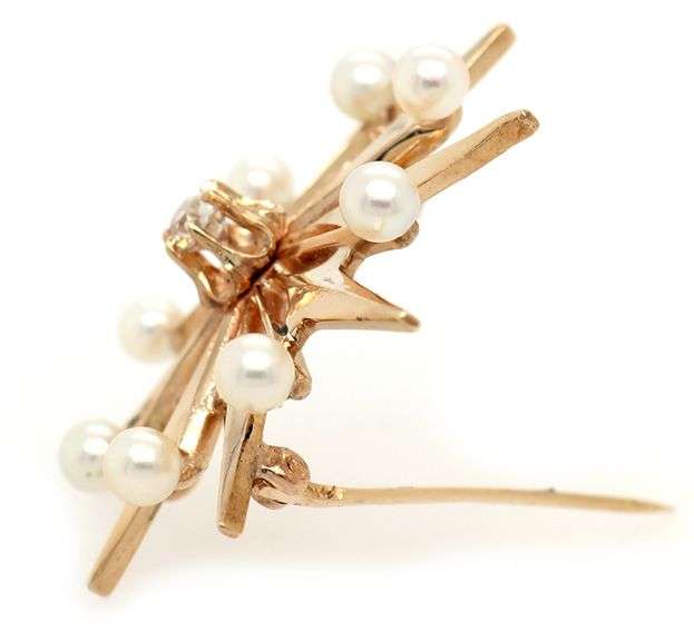 Vintage 0.24ct Diamond and Pearl Starburst Brooch in 14K