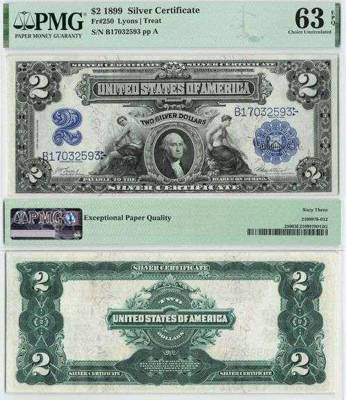 $2 1899 Silver Certificate, Fr.250, Mini-Porthole Mech & Ag PMG Ch Unc 63EPQ