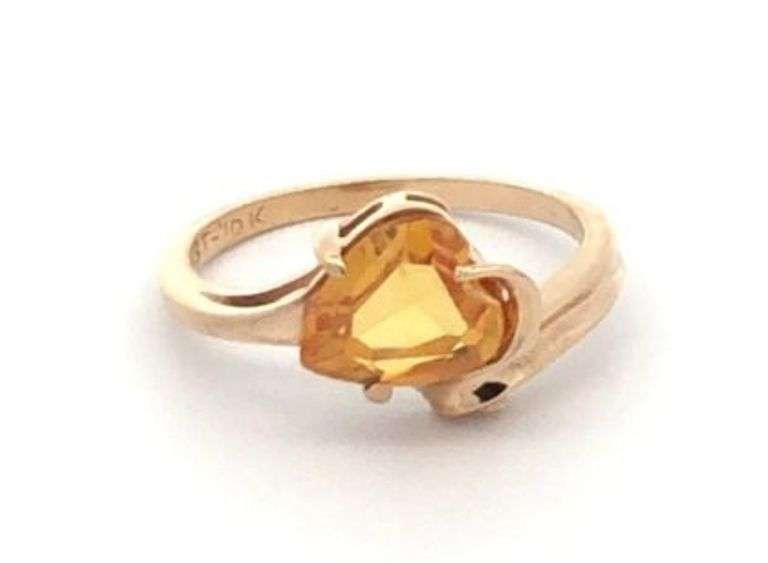 10K Yellow Gold 1960s' Retro Citrine Heart Love Symbol Ring