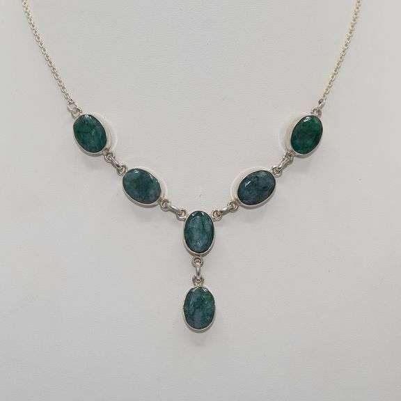 Dazzling Solid .925 Sterling Silver Natural 51.3 Ctw Emerald Necklace
