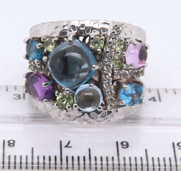925 Sterling Silver Signed Multi Gemstone Ring