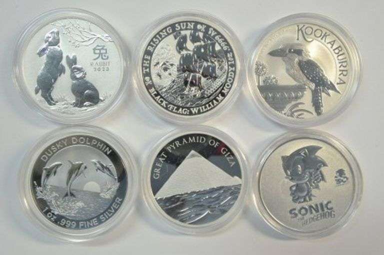 6 Different Premium 1 Troy Oz Silver coins in capsules