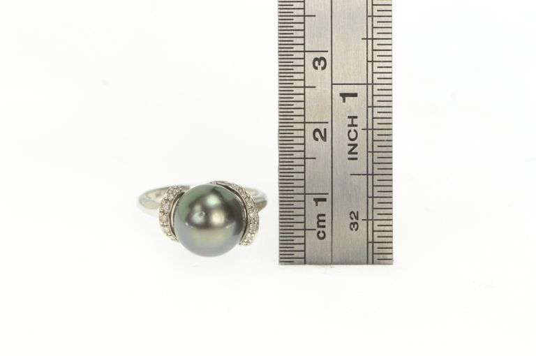 14K White Gold Tahitian Pearl Diamond Freeform Statement Ring