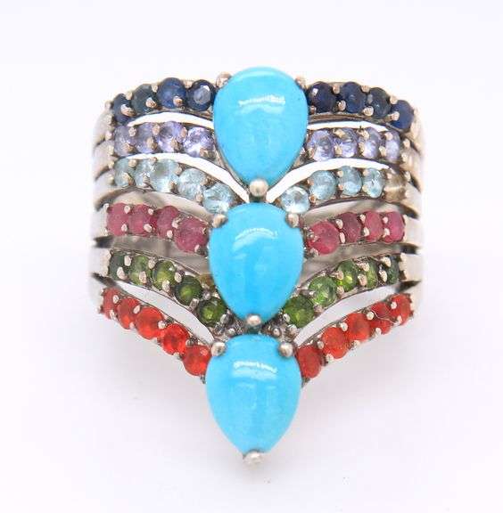 925 Sterling Silver Turquoise and Multi Color Stone Ring