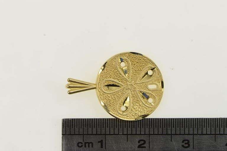 14K Yellow Gold Diamond Cut Sand Dollar Sea Shell Ocean Charm/Pendant