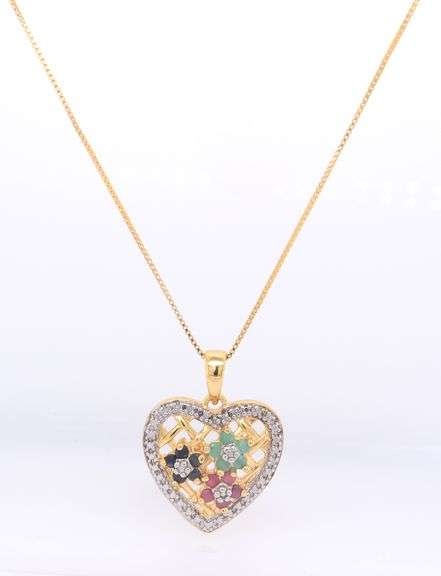 925 Sterling Silver Ruby, Sapphire and Emerald Heart Shaped Pendant on Italian Box Chain Necklace