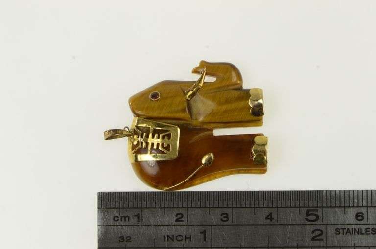 14K Yellow Gold Tiger's Eye Carved Ruby Eyed Elephant Pendant