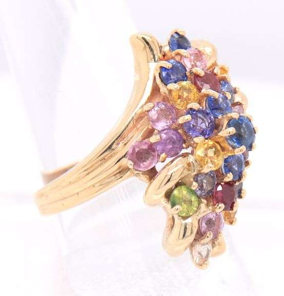 Handsome Yellow Gold Sapphire, Citrine, Pink Topaz and White Topaz Waterfall Ring