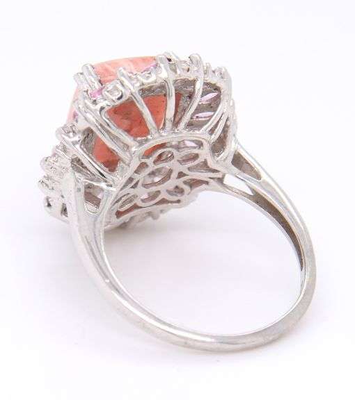 Sterling Silver Beautiful Pink Agate With Pink Sapphires Halo Ring