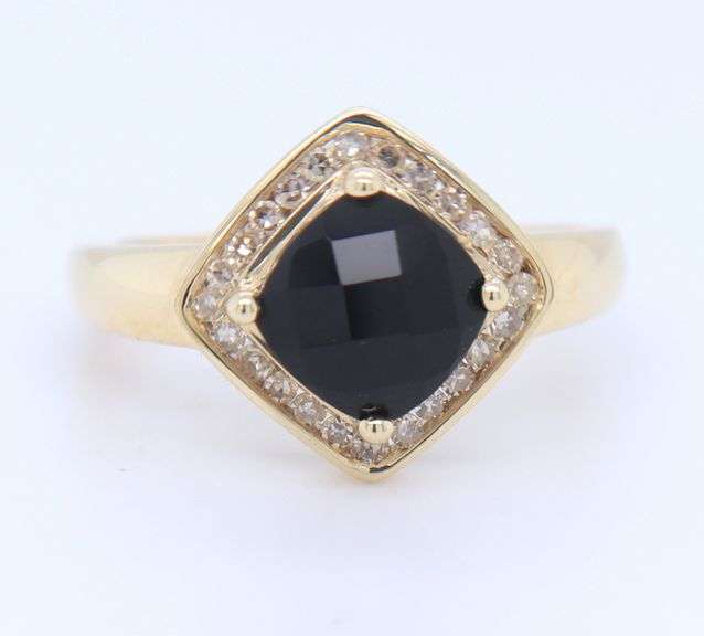 Charming Yellow Gold Black Onyx and Diamond Halo Cocktail Ring