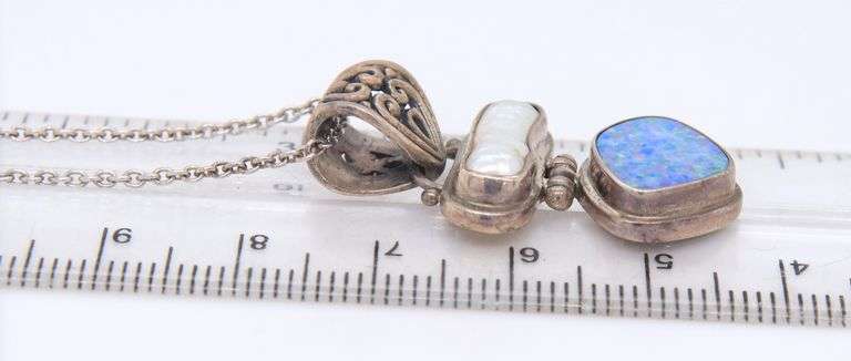 Vintage 925 Sterling Silver Pearl and Opal Pendant on Chain Necklace