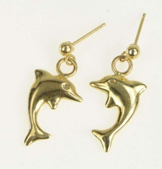 14K Yellow Gold Puffy Dolphin Beach Ocean Motif Dangle Earrings