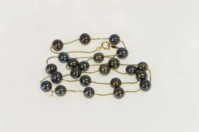 14K Yellow Gold 6.3mm Tahitian Pearl Square Link Box Chain Necklace