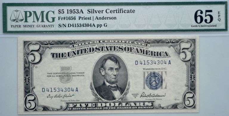 $5 1953A Silver Certificate/Blue Seal/Gem Unc 65 EPQ