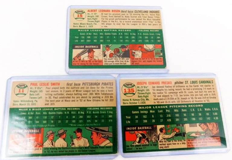 3 Topps 1954 Baseball Cards