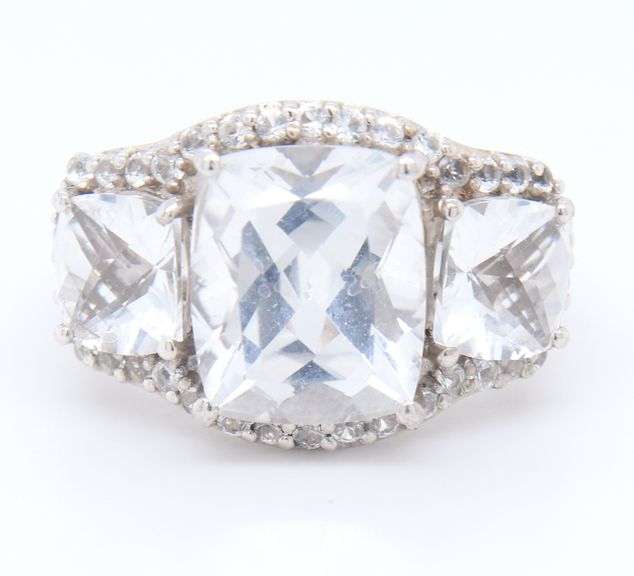 925 Sterling Silver Three Stone White Topaz Cushion Cut Ring