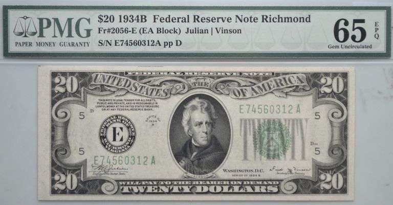 $20 1934B Fed Reserve Note Richmond / PMG Holder / 65 EPQ Gem Unc