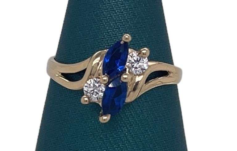 14K Yellow Ring With Blue Cubic Zirconia Stone