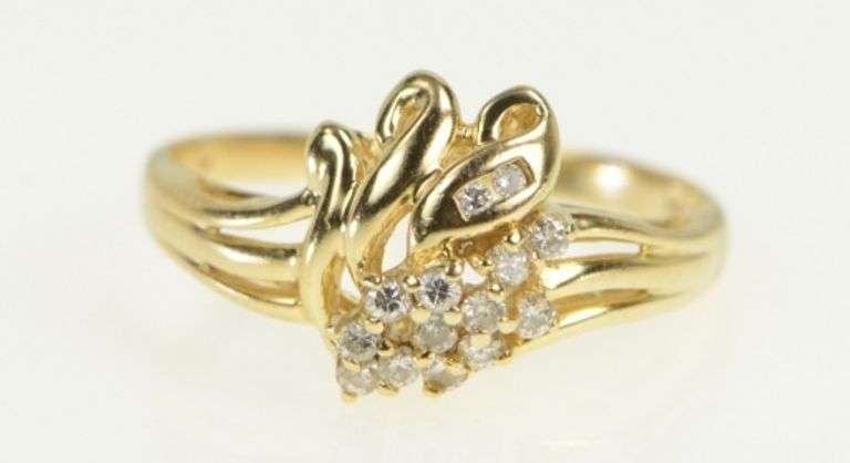14K Yellow Gold Wavy Diamond Freeform Cluster Vintage Ring