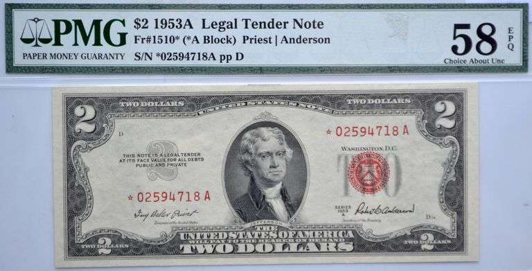PMG $2 1953A Legal Tender Note/Red Seal Star Note/CAU 58 EPQ