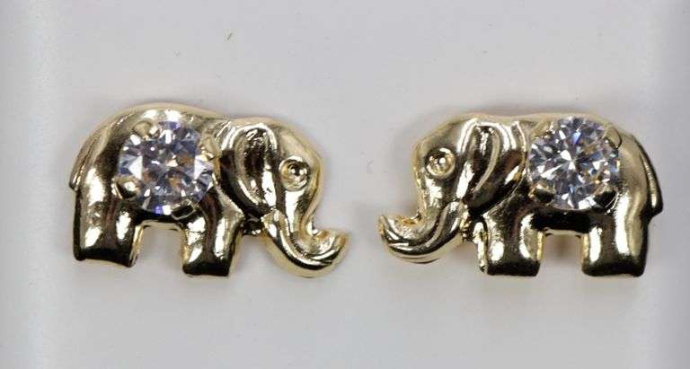 10k Yellow Gold Round White CZ Elephant Stud Earrings
