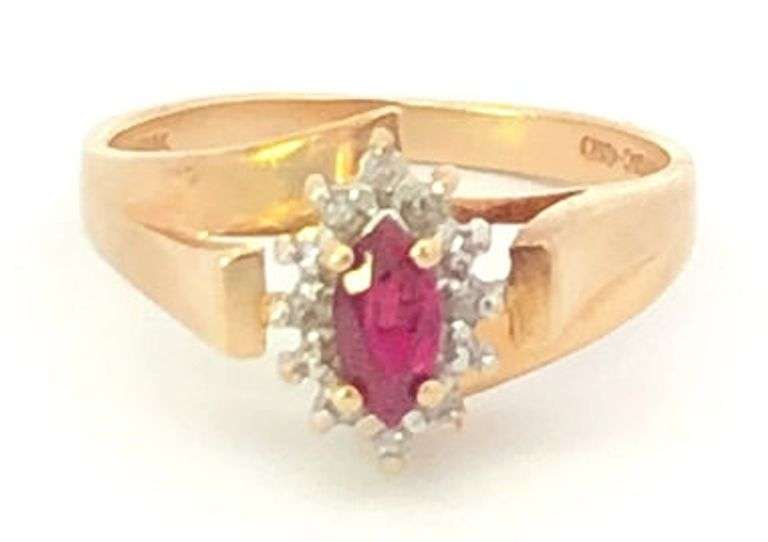 10K Yellow Gold Marquise Ruby Diamond Halo Statement Ring