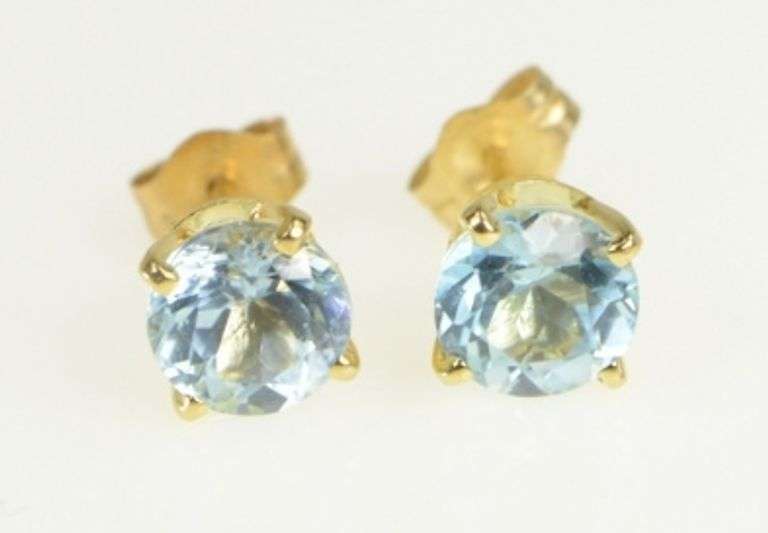 14K Yellow Gold Round Blue Topaz Vintage Solitaire Stud Earrings