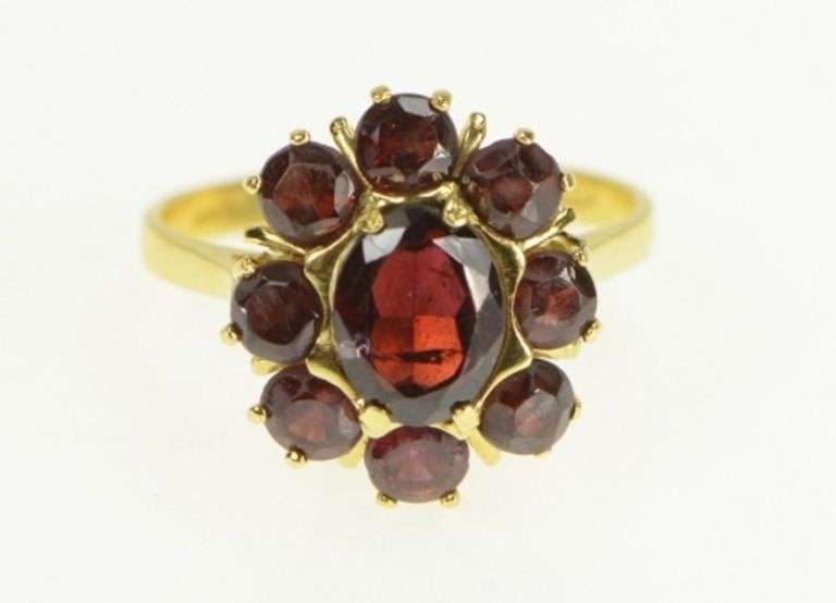 18K Yellow Gold Oval Garnet Halo Vintage Cocktail Statement Ring