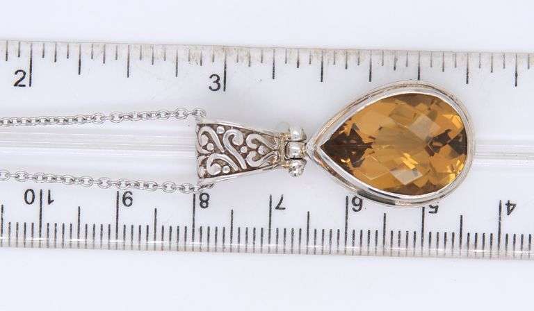 Vintage 925 Sterling Silver Pear Shaped Citrine Pendant on Chain