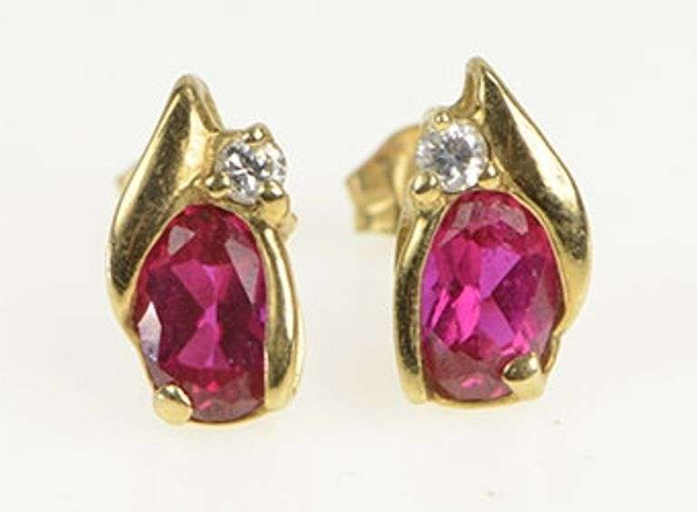 10K Yellow Gold Syn. Ruby Diamond Accent Stud Vintage Earrings