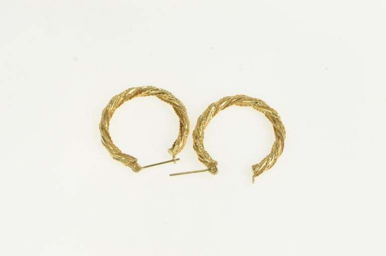 14K Yellow Gold 24.9mm Twist Design Vintage Statement Hoop Earrings