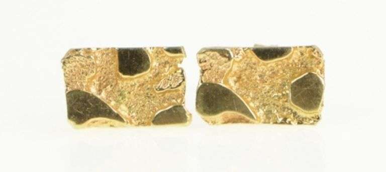 14K Yellow Gold Textured Nugget Square Vintage Stud Earrings