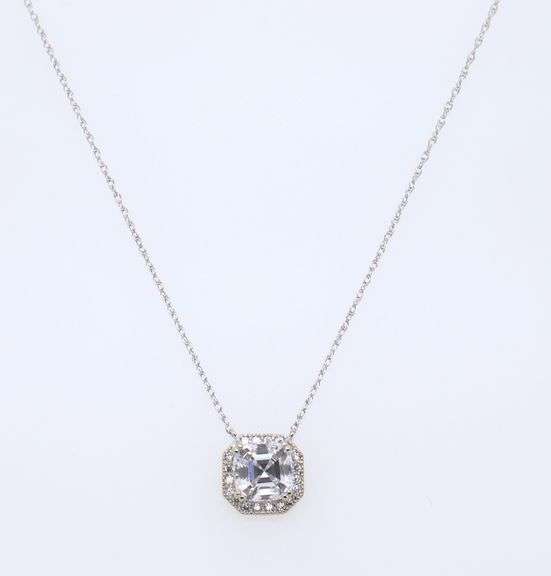 Fabulous White Gold Asscher Cut CZ Halo Necklace