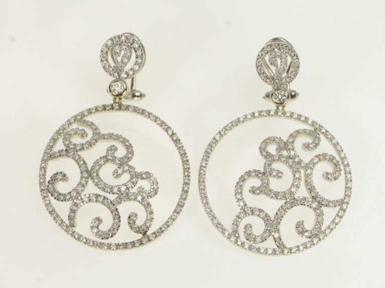 18K White Gold 3.50 Ctw Pave Diamond Ornate Swirl Medallion Earrings