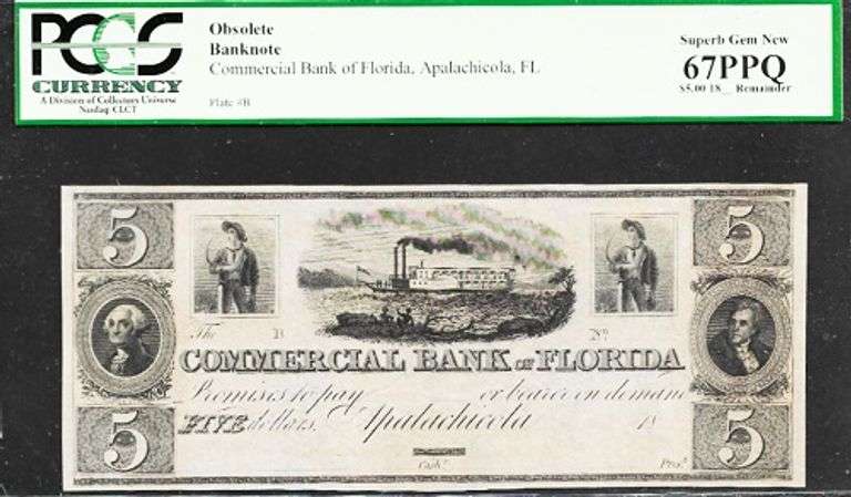 Superb Crisp 1800's $5 Commercial Bank Of Apalachicola FL PCGS 67 PPQ-Finest Example Known-Scarce!